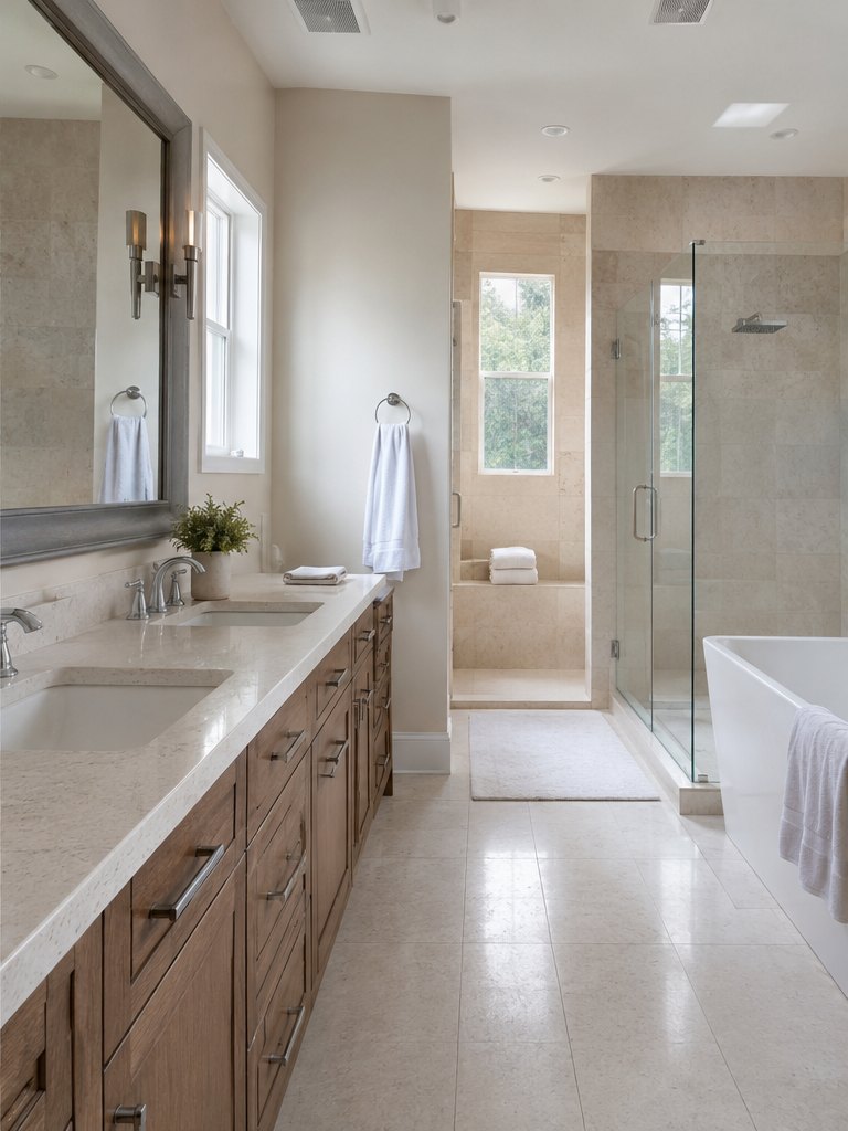 The same bathroom after cleaning, with a clear polished vanity, streak-free mirror and neatly folded towels