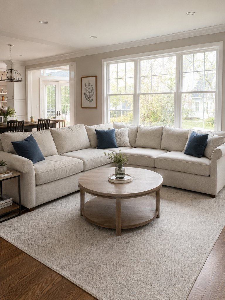 The same living room after cleaning, with neatly arranged cushions, a clear coffee table and spotless rug