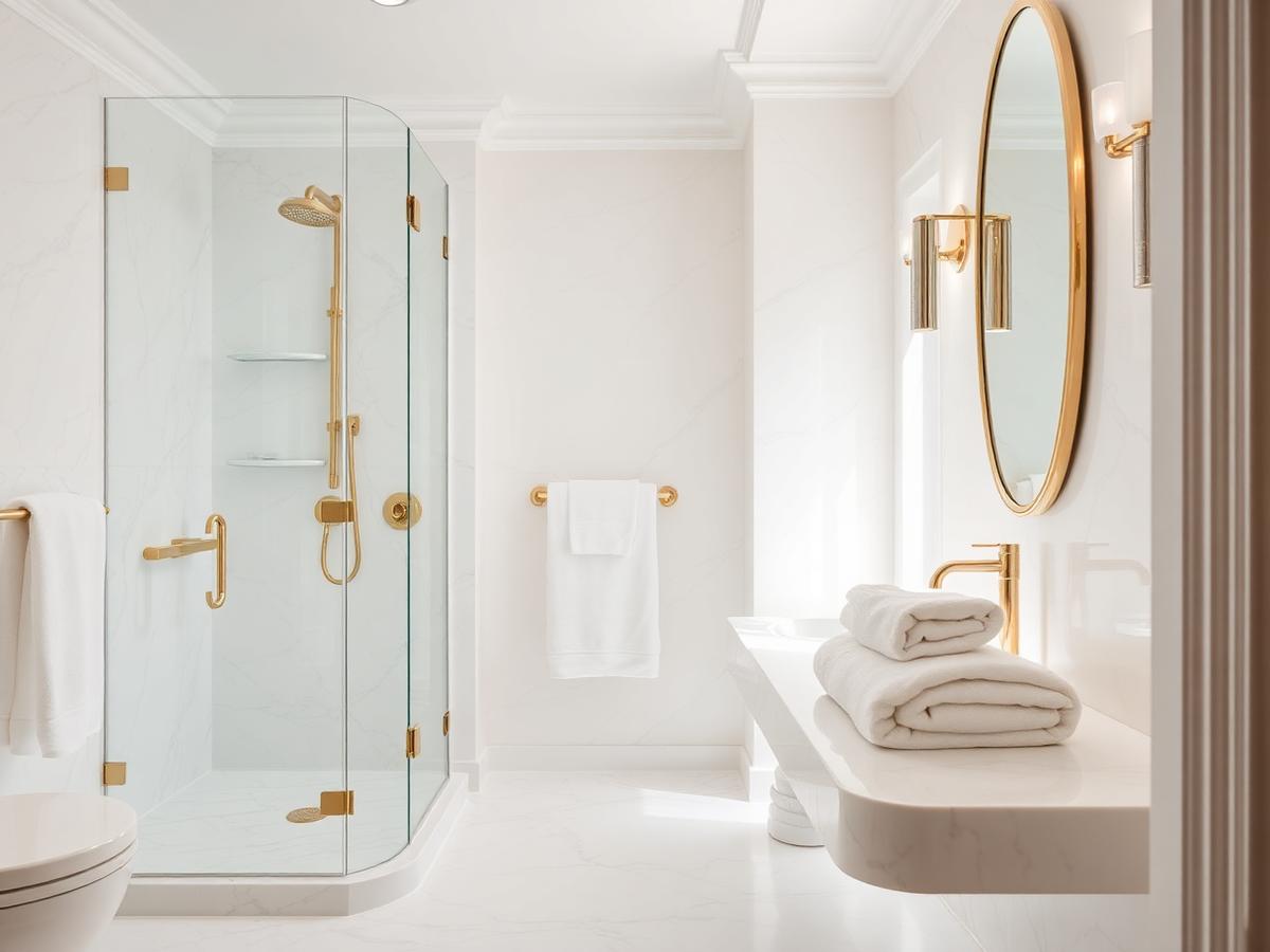 Sparkling clean bathroom with polished glass and folded towels